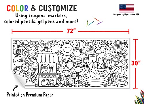 Tiny Expressions Giant Summer Themed Coloring Poster - 30 X 72 Inches Jumbo Paper Coloring Banner Or Table Cover For Kids Parties Or Events #TOP2