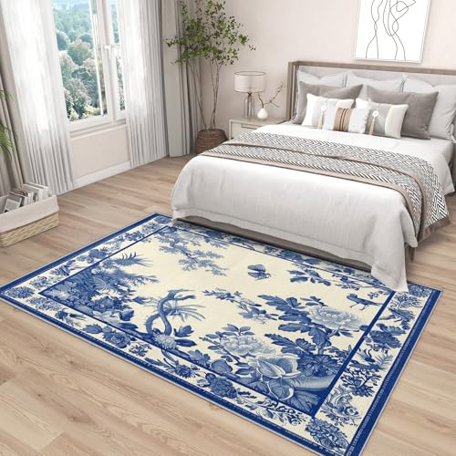 Tapete decorativo 5x7, azul y blanco floral miniatura 5