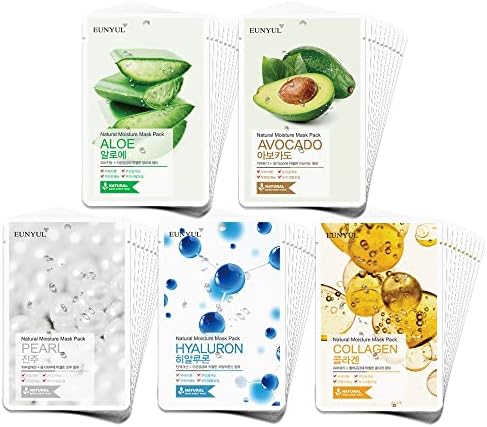 Natural Mask Sheet [Pack of 50] - Bulk Value Set, 5 Types x 10 Sheets (Aloe, Collagen, Pearl, Hyaluron, Avocado) - Korean Face Sheet Masks for Daily Skin Care