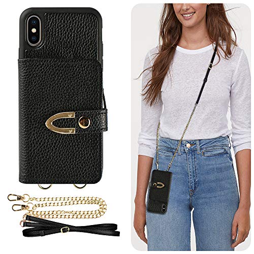 iPhone Xs Wallet Case,LAMEEKU iPhone X case with Card Holder,Zipper Wallet Case iPhone,Protective Leather Cover with Adjustable Crossbody Chain Strap Wrist Strap for iPhone X/iPhone Xs 5.8