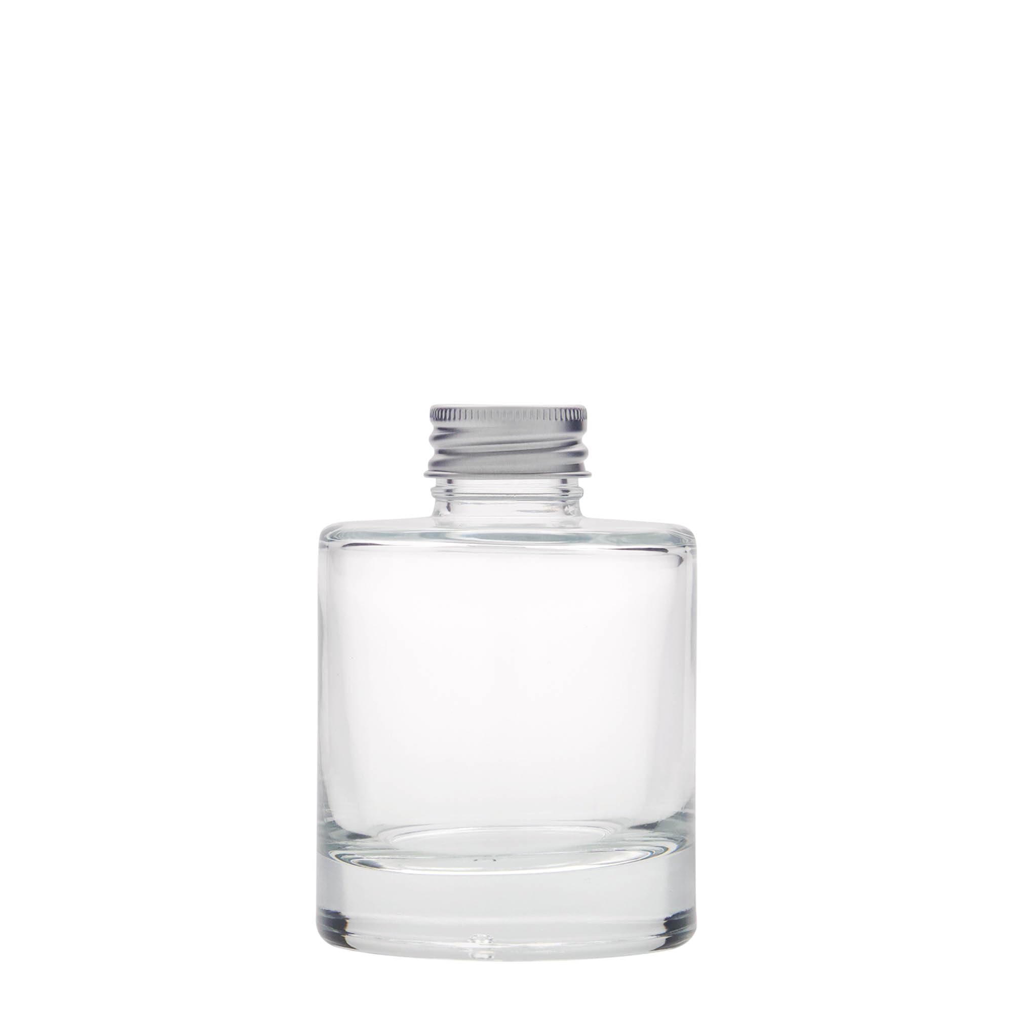 Szklana butelka Flamenco 100 ml okrągła z metalową zakrętką, srebrna, w zestawie 12 sztuk