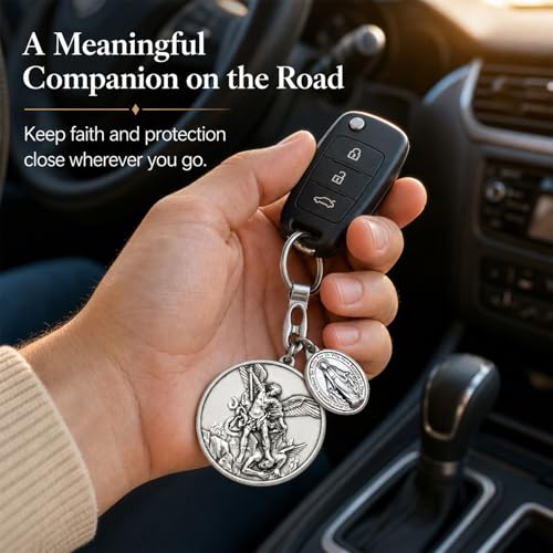 Image of St Michael Medals With Virgin Mary Keychain,Saint Michael With Mother Mary Medal for Car,Catholic Religious Keychain,Medalla De La Virgen Milagrosa Adornos Llaveros Para Carros De Mujer Hombre