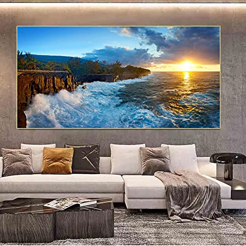 Peinture murale plage et montagne pour salon chaleureux avec toile paysage de coucher de soleil