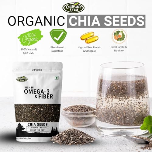 Image of Cultivate Crest Organic Chia Seeds 200g | 100% Natural & Raw, High Protein Seeds | Rich in Omega 3 & High Fibre, Vegan Superfood, Gluten Free, For Smoothies, & Daily Nutrition for Weight Management