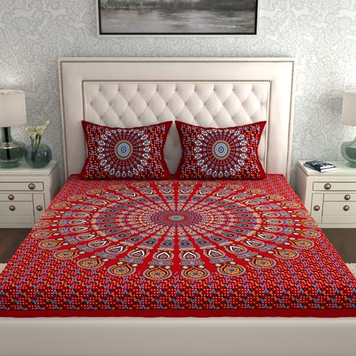 Image of LA VERNE Combo Pack of 2 Double Bedsheet with 4 Pillow Covers | Cotton Double Flat 104 TC Jaipuri Prints Bedsheet Size 240 X 220 CM (Maroon)