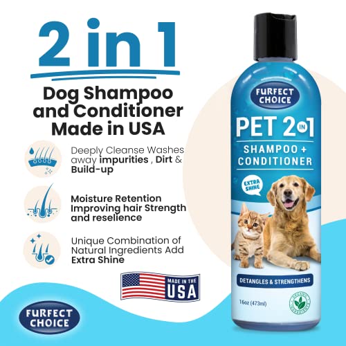 Furfect Choice Pet 2 In 1 Dog Shampoo And Conditioner - Extra Shine - Detangle And Strengthen Fur - Natural Relief For Itchy Dry Skin - Hypoallergenic Pets Grooming Supply For Healthier Coat - 16 Oz #TOP2