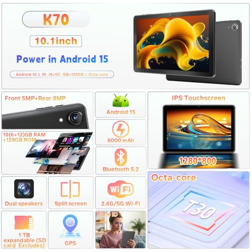 Image of Computer Tablets Android 10 Inch, for Gaming, Work, Study, Black | Android 15, 18(6+12)GB+128GB, 1TB Expand, Widevine L1, Octa-Core, WiFi, BT5.2, 6000mAh, T30 CPU, GPS,Gemini AI, 5MP+8MP