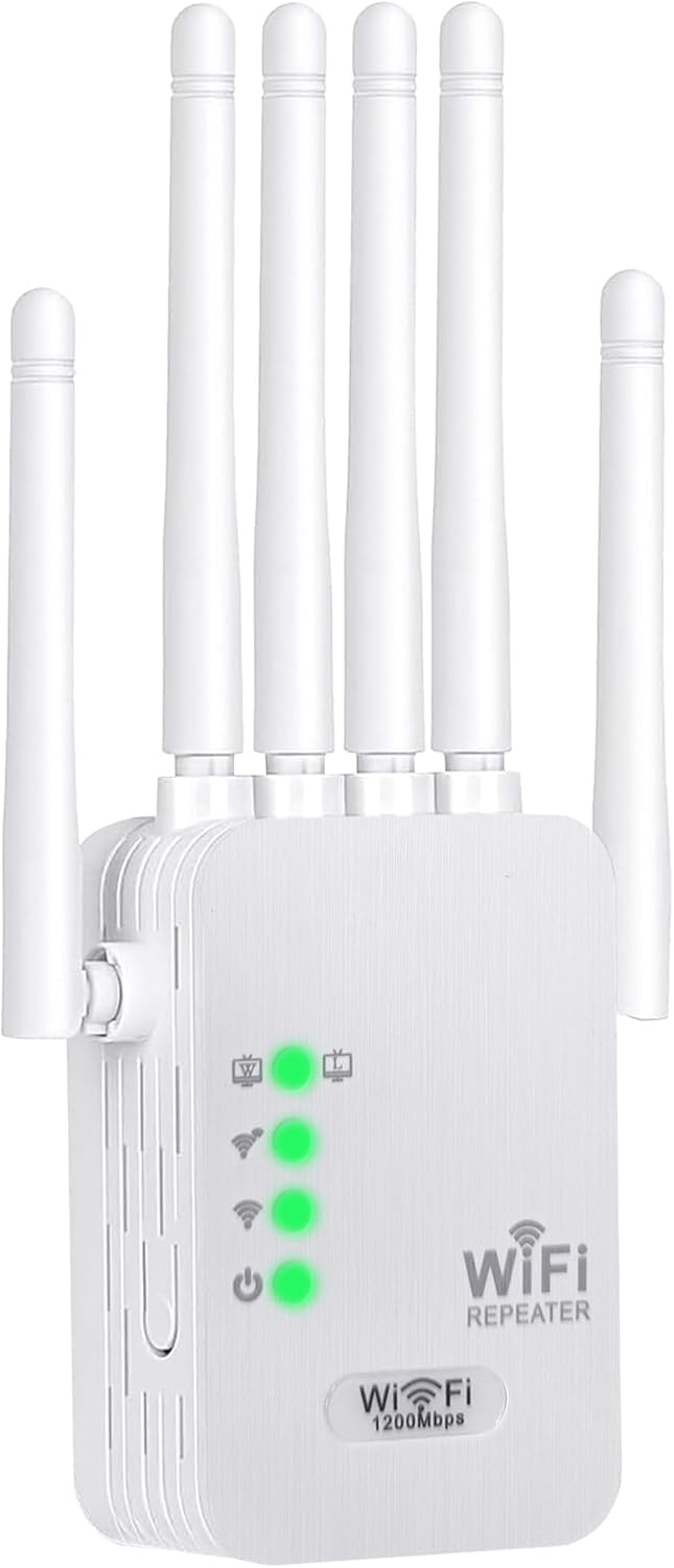1200M Amplificador Señal WiFi 5G y 2.4G Repetidor WiFi Largo Alcance Doble Banda WiFi Extender con 6 Antenas de Alta Ganancia,2 Puerto LAN,Extensor de WiFi para casa y Oficina,Fácil de Instalar