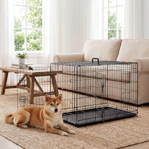 Image of Dog Crate - Medium 36 Inch Double Door Portable Dog Cage, Metal Wire Pet Kennel with Secure Lock, Leak-Proof Pan Tray, Foldable Design for Dogs Pets Indoor Training and Outdoor Travel