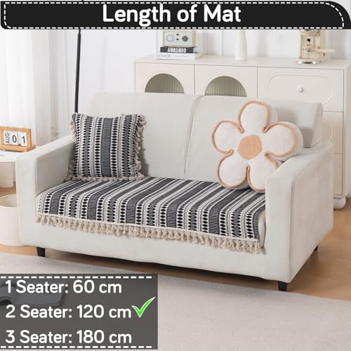 Image of HOKIPO 'Artisan Boho Series' Sofa Cover Mat with Tassel for 2 Seater Sofa | 450 GSM Thick Cotton Acrylic Jacquard Fabric, Charcoal Black (IN-902-A3*S)