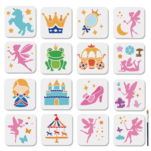 MAYJOYDIY 16Pcs Pochoirs de Fée Magique Pochoirs de Peinture Princesse Licorne 15×15cm Modèle de Dessin Château de Conte de Fées avec Pinceau pour...