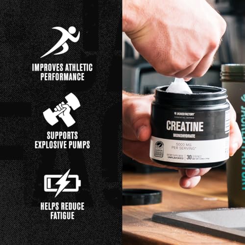 jacked factory creatine monohydrate powder 150g - 5g daily creatine supplement for men and women vegan-friendly third-party tested - 30 servings unflavored