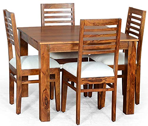 Image of Sheesham Wood Square Dining Table with 4 Cushioned Chairs | Durable Wooden Multipurpose 4 Seater Dining Table Set Furniture for Living Room, Restaurant, Hotels, and Home (Teak Finish)