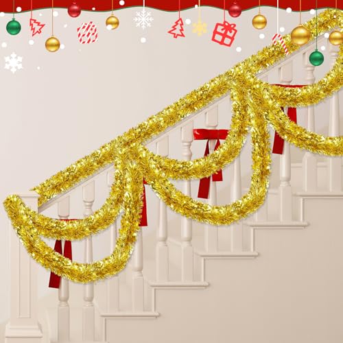 Image of 50FT Gold Christmas Tinsel Garland, Metallic Twist Shiny Hanging Garland Ornaments for Xmas Tree Party Supplies Thick Thin Metallic Streamers for Indoor Outdoor Decor