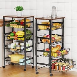 5-Tier Rolling Utility Cart, Kitchen Storage Cart with Wheels, Large Capacity Utility Cart with Wooden Tabletop & Mesh Baskets for Kitchen, Bathroom, Laundry Room