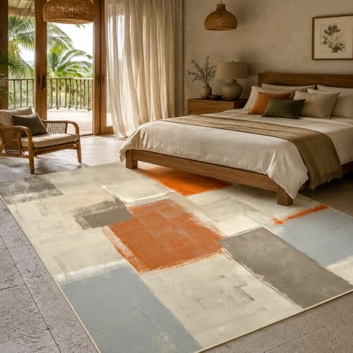 Tapis Salon Abstrait Orange Gris Bleu Carré 150x150 Lavable - 2