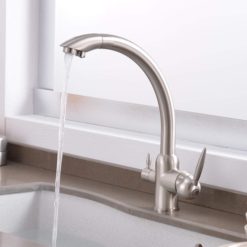 WDSOPK 3 Way Water Filter Tap Kitchen Taps 3 in 1 Kitchen Brass Hot and Cold Rotatable Faucet with Direct Drinking Water Purification Basin Faucet-Brushed (Brushed A)