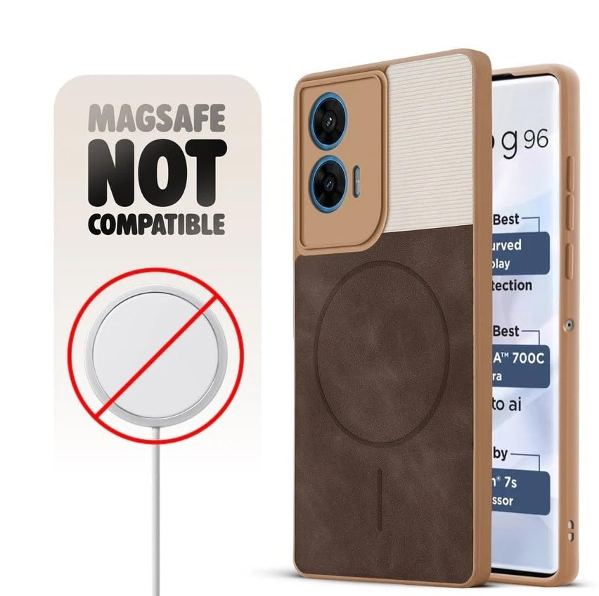 Image of Bintage Mac Safe Design Hard Slim Back Case | Soft Border Camera Protect | Dual PU Leather Finish Back Cover Compatible for Motorola G45 5G - White & Cherry Brown