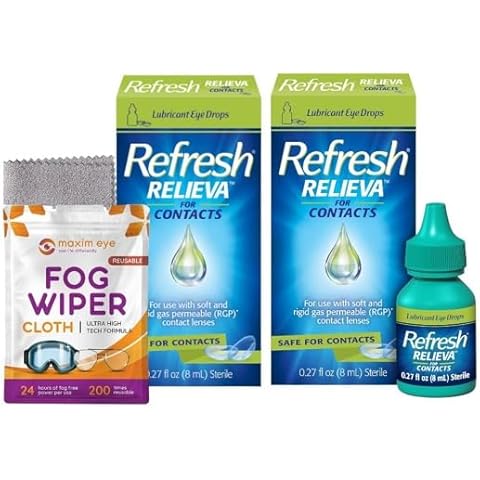 Refresh Relieva for Contacts, 2 Bottles of 0.27 Fl Oz Lubricant Eye Drops (Totaling 16ml), Bundled with One Reusable Anti Fog Cloth for Eyeglasses (2 Pack -16 ML) Cover
