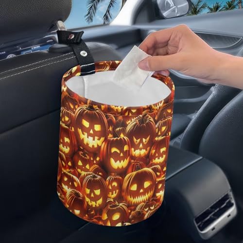Image of Fire Pumpkins Halloween Car Trash Bin Hanging, Waste Basket - Cute, Portable, Collapsible, Waterproof Rubbish Bag for Back Seat, Floor, or Hanging Headrest
