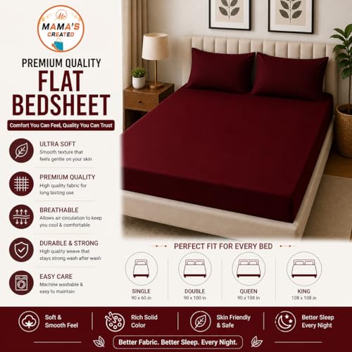 Image of Double Size Bed Sheet - 600 Thread Count Single Flat Sheet Only - Long Staple Egyptian Cotton Top Sheet Wrinkle & Fade Resistant - Burgundy