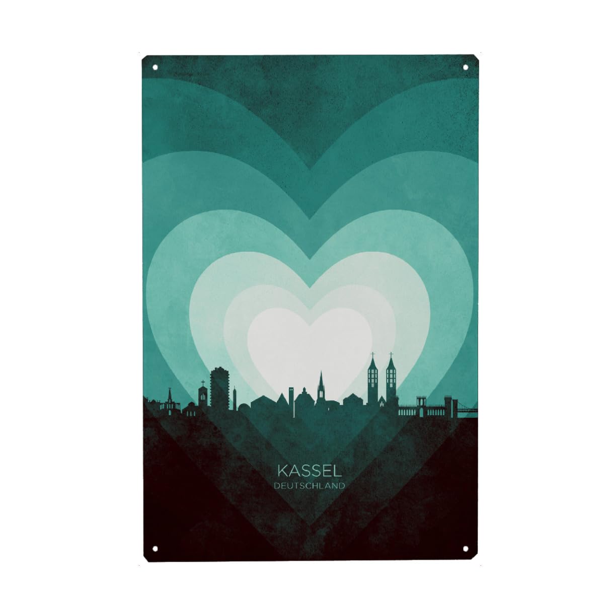 artboxONE Metall-Poster 40x60 cm Städte Kassel Skyline Heart Teal von Künstler Michael Tompsett