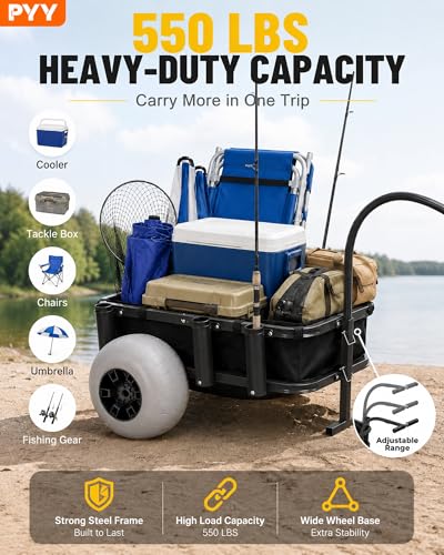 Image of PYY Beach Fishing Cart - 550LB Load Capacity Fishing Cart with Reinforced Frame, 13 inch Big Wheels PU Balloon Tires for Sand, Fishing Wagon with 7 Rod Holders, Foldable Bucket for Beach, Lake (Black)