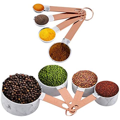 iBELL MCP08E Measuring Cups and Spoons for Cooking & Baking Cakes,Kitchen Cup and Spoon Set ( 8 Pieces ), Copper Handles - A Must Kitchen Essential, Marble White Texture Cover