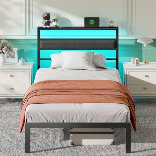 OURPIC Twin Bed Frames for Kids, Metal Platform Bed Frame Twin Size with Upholstered Headboard, Wood Storage Shelf, Charging Station and LED Lights, No Box Spring Needed, Black Camas
