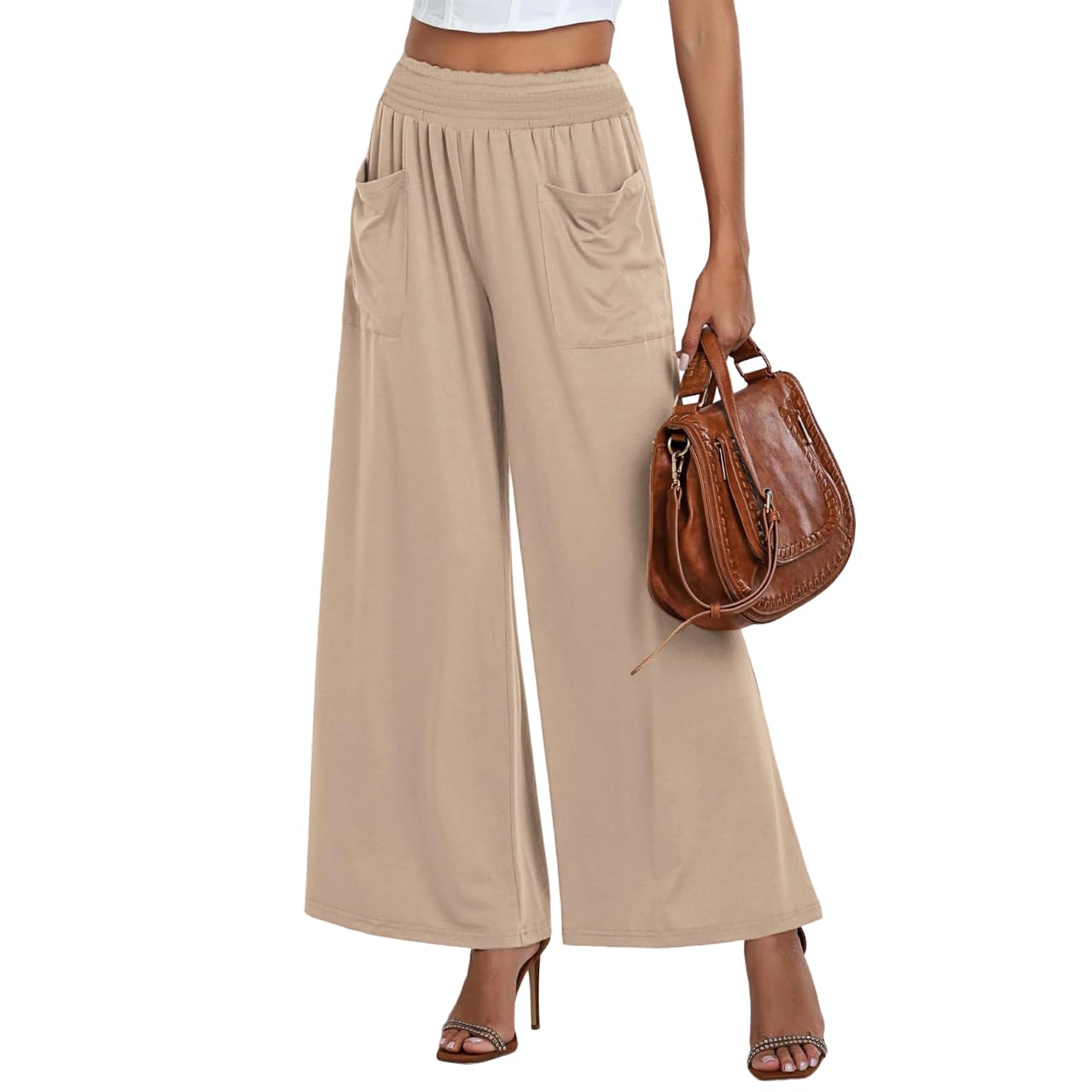 Melliflo Womens Elastic Waisted High Waisted Slightly Spicy Pants Work Business Loose Casual Wide Leg Pants with Pockets