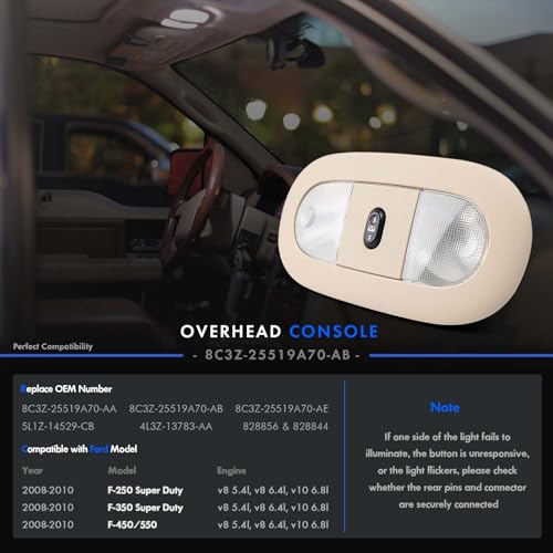 Image of LED Front Overhead Console Interior Dome Map Light w /Sunroof Switch, Tan | Compatible with Ford F250 F350 F450 F550 Super Duty 2008-2010, Replace# 8C3Z-25519A70-AA