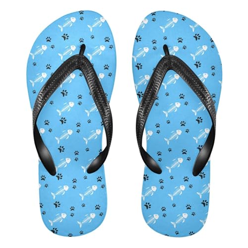 Sinestour Fishbone Paw Blue Flip Flops for Beach Thong Sandals Anti-slip Lightweight Beach Slippers for Summer Travel Swim