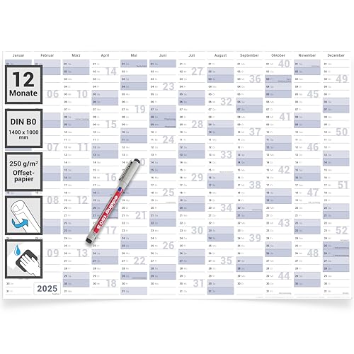 XXXL Jaarplanner 2025, DIN B0, wandkalender, 140 x 100 cm, 14 maanden, grote wandplanner in het Duits, kalender voor kantoor en thuis, 250 g papier, gerold, jaarkalender, grijs Kalenderoutlet
