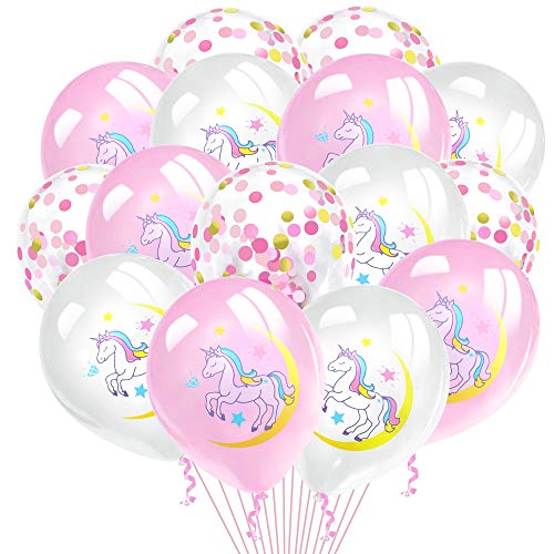 Grier Unicorn Balloons, 15pcs White Pink Latex and Gold Rose Pink Confetti Balloons for Unicorn Birthday Party Baby Shower Unicorn Theme Party Festival Party Decorations