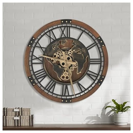 Micasso Real Moving Gears Clock: 24 in Large Brown Wall Clock with World Map - Vintage Wood Frame Non-Ticking Battery Operated Silent Mechanical Clock for Home Decor/Office/Living Room/Bedroom