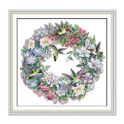 Image of ITSTITCH Printed Cross Stitch Kits 11CT 26X25 inch 100% Cotton Holiday Gift DIY Embroidery Starter Kits Easy Patterns Embroidery for Girls Crafts DMC Stamped Supplies Needlework Art of Hummingbirds