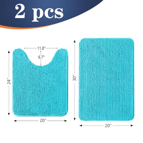 Image of OLANLY Bathroom Rugs Sets 2 Piece, Soft Absorbent Chenille Bath Mats and U-Shaped Contour Toilet Mat Area Rug Set, Machine Washable Bath Carpet, Home Decor Accessories(30 inchx20 inch+24 inchx20 inch, Aqua Sky)