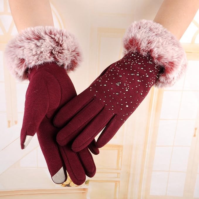 Tomorrow Women's Winter Gloves Soft Warm Touch Screen Gloves for Cold Weather Windproof Covered Finger Faux Fur on The Inner for Cold Weather Women Cute Design Plush Fur Cuff Stone Crafted (Maroon) 2