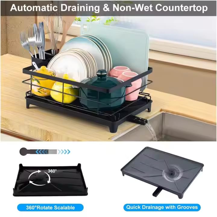 Image of ZROY Modern Black Dish Drying Rack with Draining Spout | Heavy-Duty Kitchen Countertop Dish Drainer with Utensil Holder (Black Rack)