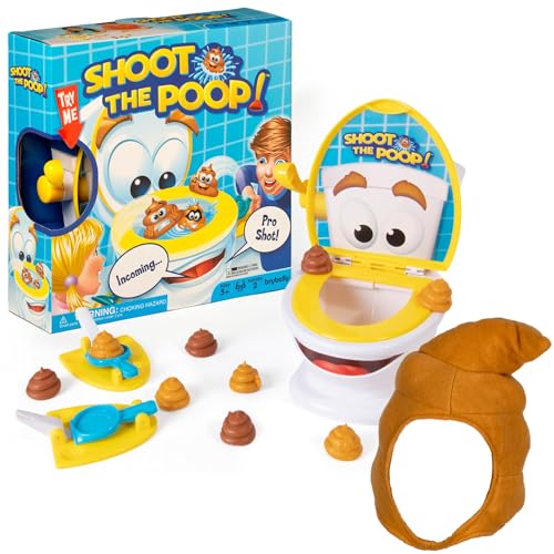 Brybelly The Original Shoot The Poop and Brown Poop Hat - Funny Family Game with 12 Soft Plastic Toy Poops and Unisex Costume Accessory