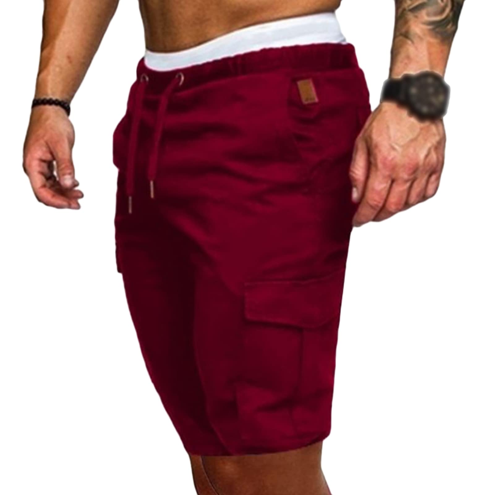 Men's Elastic Waist Multi Pockets Shorts Lightweight Military Cargo Short Pants Drawstring Relaxed Fit Army Short (Red,X-Large)