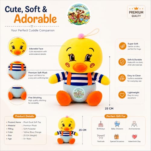 Image of Duck Plush Soft Toy 25 cm Ultra Soft Stuffed Duck Teddy for Kids, Babies, Boys & Girls | Cute Animal Plush Toy | Washable Cuddly Doll | Birthday Gift, Home Decor