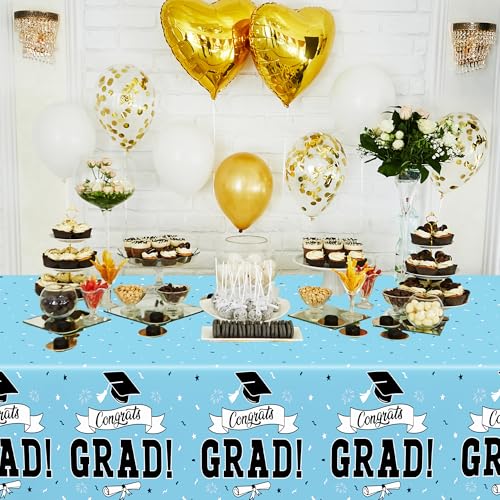 Image of 2Pcs Graduation Tablecloth, 108 inch X 54 inch Skyblue Graduation Table Decor 2026, Rectangle Table Covers for Class 2026 Congrats Grad, Disposable Plastic Tablecover for Grad Decor Party Supplies for Kids