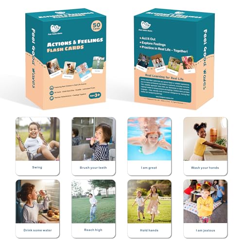 Actions Flash Cards for Kids (Ages 3-7), 50 Real-Life Photo Cards for Speech & Language Development, Based on Total Physical Response (TPR) Learning Approach, Support Daily Feelings