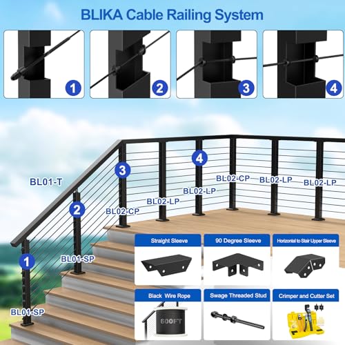 Conector de pasamanos de aluminio negro BLIKA para barandilla de cable de escalera de cubierta 8