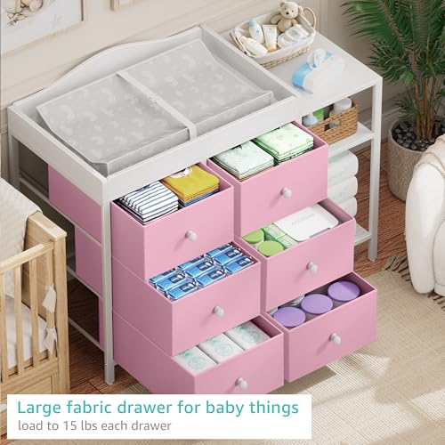 Image of BOLUO Baby Dresser with Changing Table Top, Changing Table Dresser with 6 Fabric Drawers Diaper Changing Station with Storage Shelf for Nursery Modern