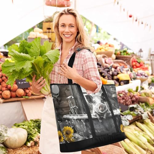 Pig Bathtub Sunfloer Large Insulated Tote Bag for Grocery Shopping Reusable Tote Bags for Women Men, Cooler Bag with Zippered Top & Handles for Beach Picnic Travel2
