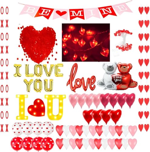 Auihiay Kit Déco Romantique pour Chambre - 6 Mètres Guirlande LED Cœur, 2000 Pétales de Roses, Guirlande Cœurs XO, Panneau Lumineux I LOVE YOU & Ballons...