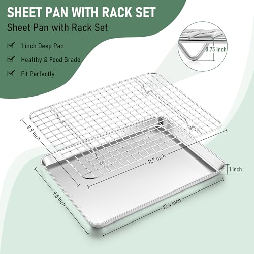 Homikit Quarter Sheet Pan with Wire Rack Set (2 Baking Sheets+2 Racks), Stainless Steel Baking Tray with Grid Cooling Rack for Toaster Oven Roasting, Metal Bacon Cookie Jelly Roll Pan, 12" x 10" Inch by Homikit - Image 2