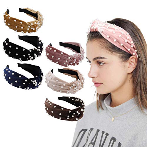 Headbands for Women Velvet Wide Headbands Knot Turban Headband Vintage Hairband with Faux Pearl Hair Hoop Headwrap Headwear for Women Girls Hair Accessories 6pcs